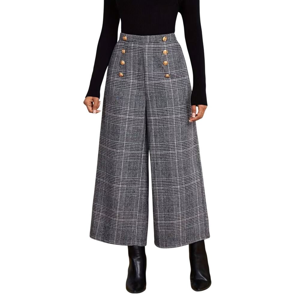 Shein Wide Leg Houndstooth Trouser Pants Sailor Buttons Extra Small High Rise XS